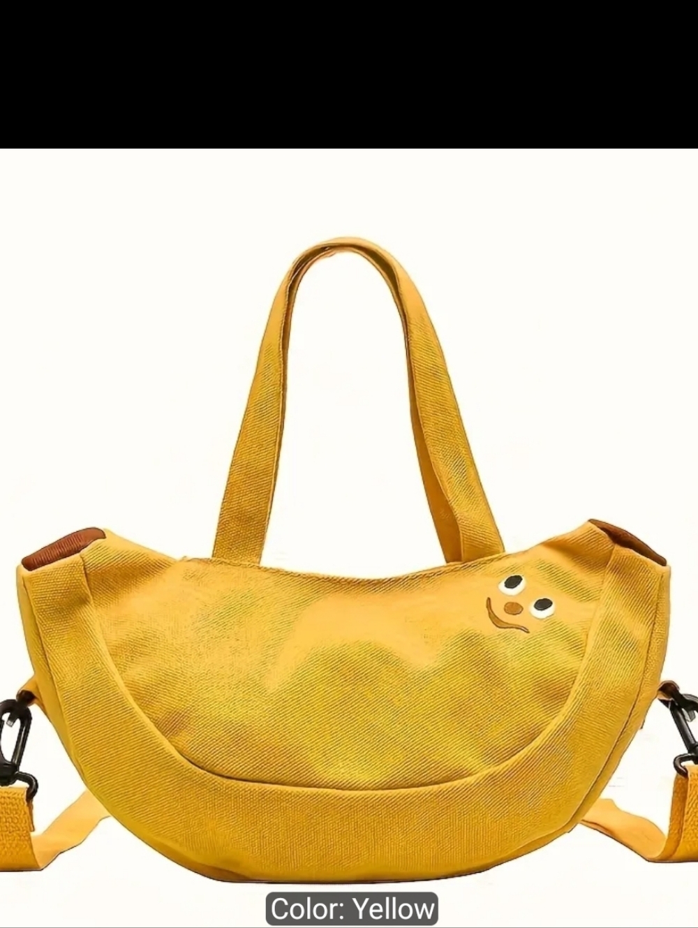 Yellow Banana Crossbody Canvas Crescent Tote Bag with Smiley Accent - Picture 2 of 9